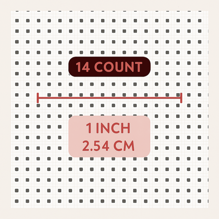 Illustration eines Aida-Stoffes mit eingezeichnetem Maß von 1 Inch (2,54 cm), auf dem 14 Stiche (Count) sichtbar markiert sind. Die Grafik zeigt, wie sich die Aida-Zahl auf die Anzahl der Stiche pro Zoll auswirkt.