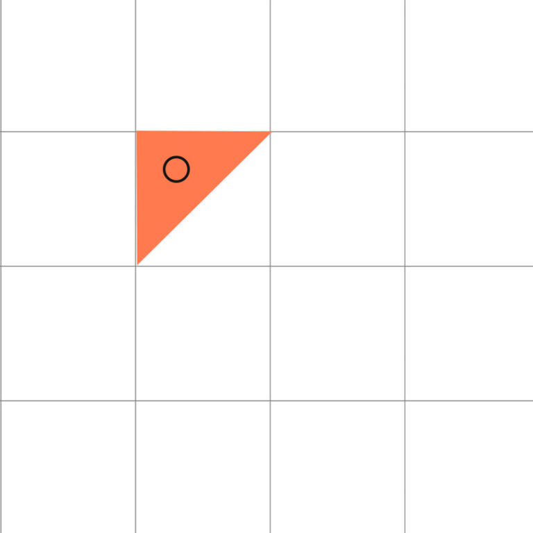 Darstellung eines Dreiviertelstich-Symbols in einem Kreuzstichmuster. Ein kleines farbiges Dreieck füllt die obere linke Ecke eines Stickquadrats, markiert mit einem Symbol für die Farbe oder den Stich.
