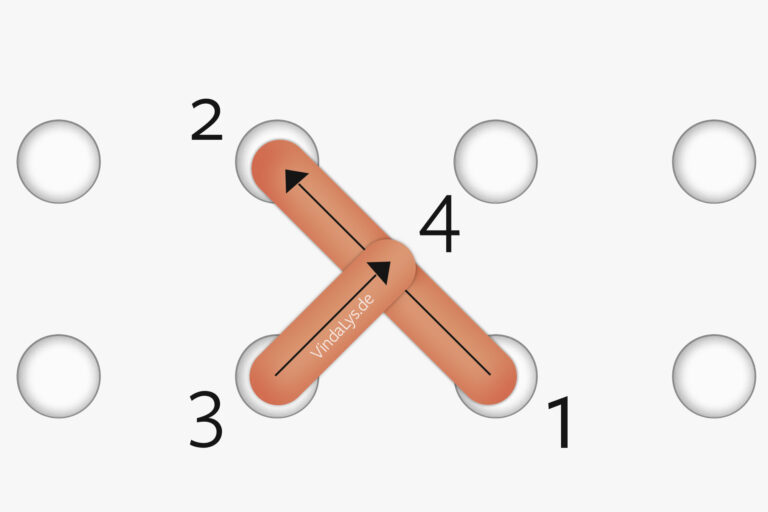 Dreiviertelstich im Kreuzstich, Beginn unten rechts – Geradstich zur Mitte, Diagonale nach oben rechts.
