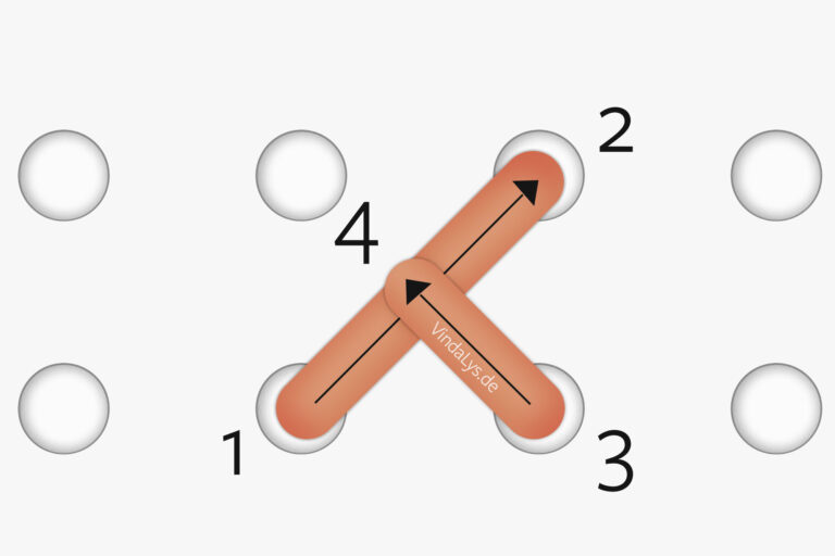 Darstellung eines Dreiviertelstichs im Kreuzstich. Start unten links, kurzer Geradstich zur Mitte, Diagonalstich nach oben links.